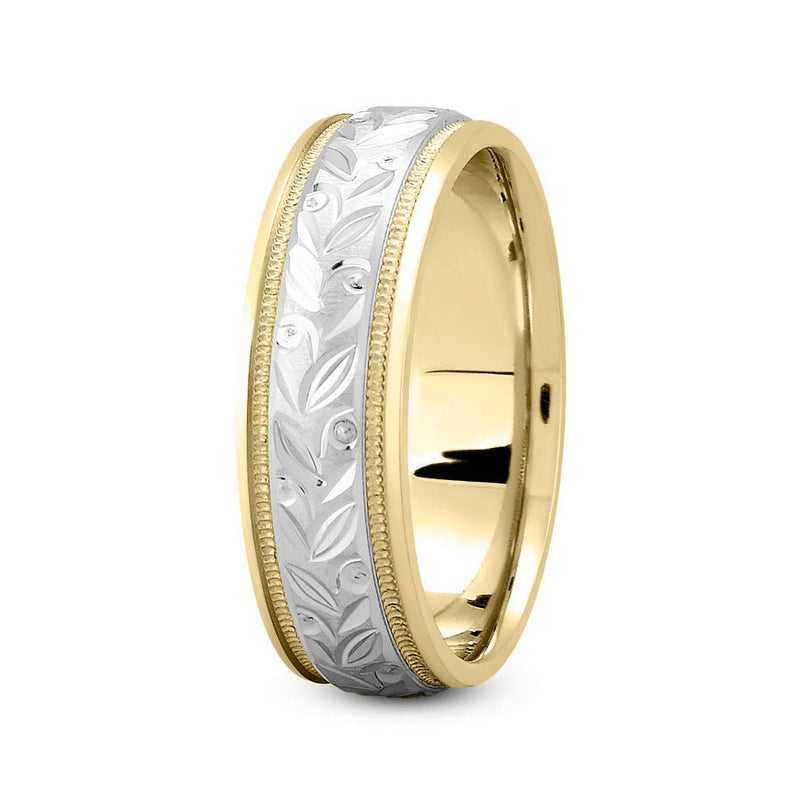 14K Two Tone Gold (White Center) 7mm fancy design comfort fit wedding band with wide leaf and milgrain design - DELLAFORA