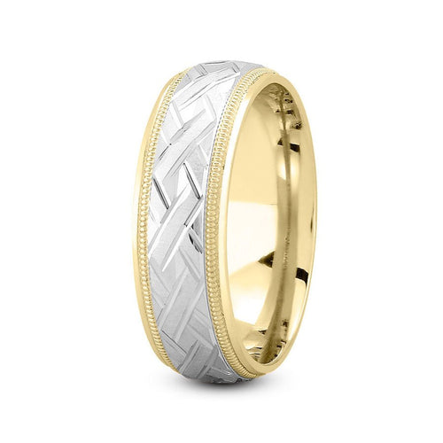 14K Two Tone Gold (White Center) 7mm fancy design comfort fit wedding band with zig zag and milgrain design - DELLAFORA