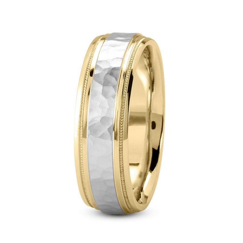 14K Two Tone Gold (White Center) 7mm hand made comfort fit wedding band with hammered center and milgrain edges - DELLAFORA