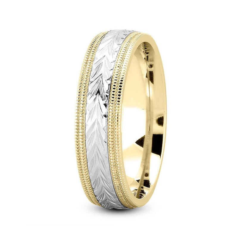 14K Two Tone Gold (White Center) 7mm hand made comfort fit wedding band with harringbone and milgrain design - DELLAFORA