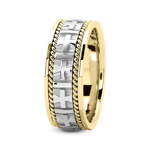 14K Two Tone Gold (White Center) 8mm fancy design comfort fit wedding band with cross and rope design - DELLAFORA