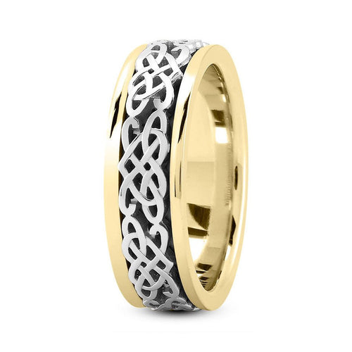 14K Two Tone Gold (White Center) 8mm fancy design comfort fit wedding band with fancy celtic design - DELLAFORA
