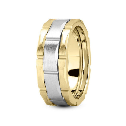 14K Two Tone Gold (White Center) 8mm fancy design comfort fit wedding band with link design - DELLAFORA