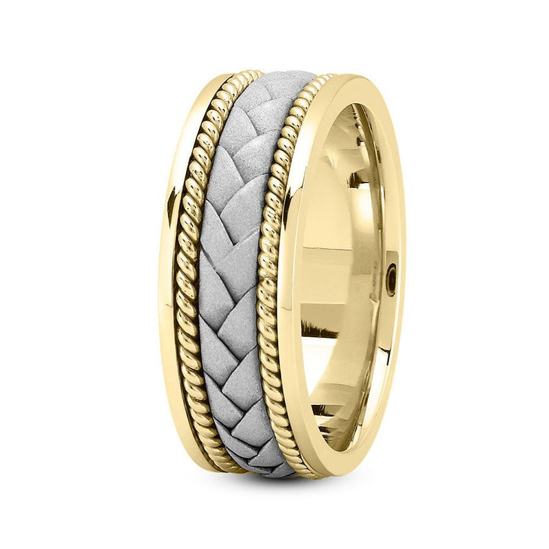 14K Two Tone Gold (White Center) 8mm hand made comfort fit wedding band with flat braided and rope design - DELLAFORA