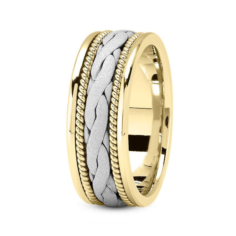 14K Two Tone Gold (White Center) 8mm hand made comfort fit wedding band with wide braided and rope design - DELLAFORA