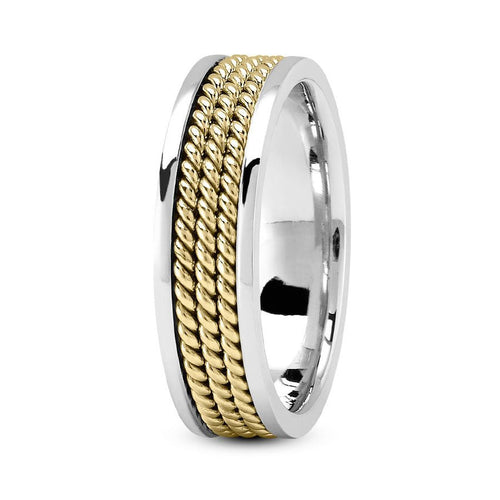 14K Two Tone Gold (Yellow Center) 6mm hand made comfort fit wedding band with three ropes design - DELLAFORA