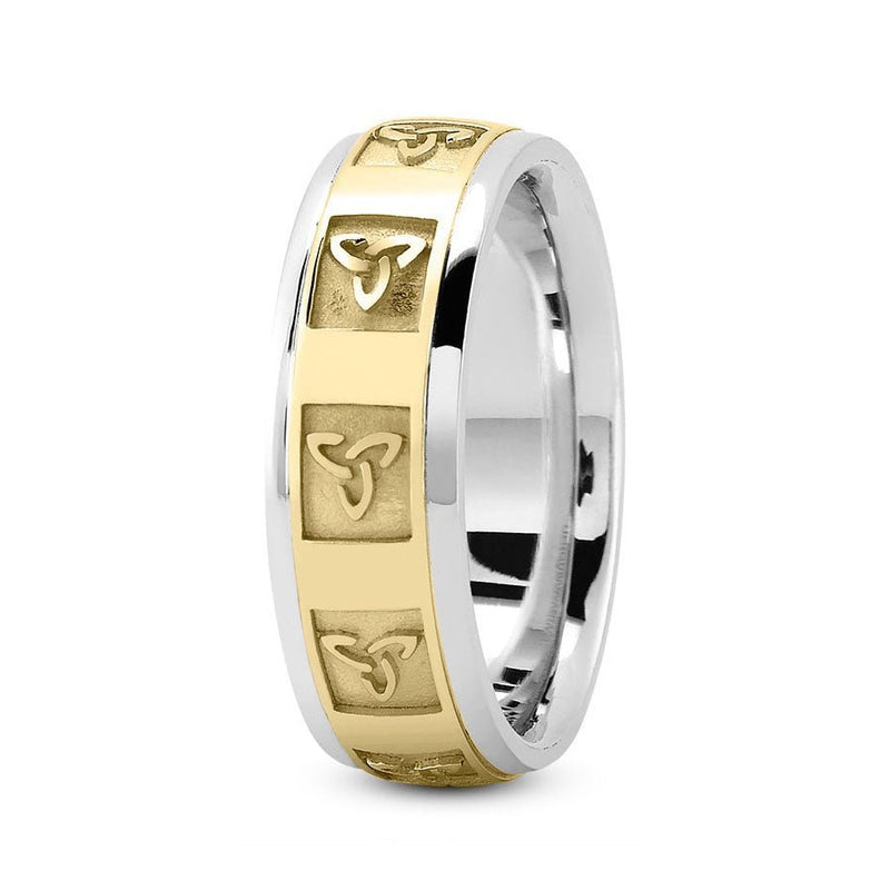 14K Two Tone Gold (Yellow Center) 7mm fancy design comfort fit wedding band with celtic and retangular frame design - DELLAFORA
