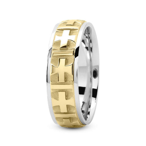 14K Two Tone Gold (Yellow Center) 7mm fancy design comfort fit wedding band with cross center design - DELLAFORA