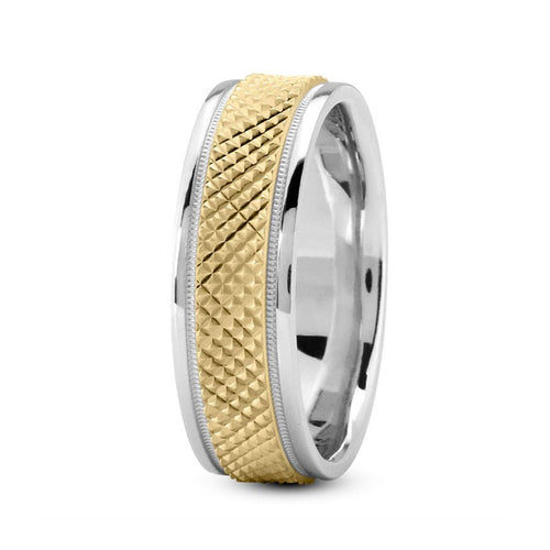 14K Two Tone Gold (Yellow Center) 7mm fancy design comfort fit wedding band with fancy cut and milgrain design - DELLAFORA