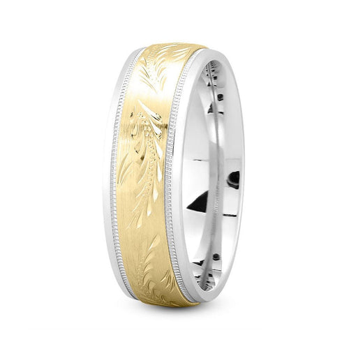 14K Two Tone Gold (Yellow Center) 7mm fancy design comfort fit wedding band with fancy leaf design - DELLAFORA