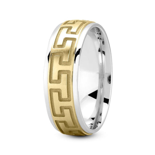 14K Two Tone Gold (Yellow Center) 7mm fancy design comfort fit wedding band with greek design - DELLAFORA