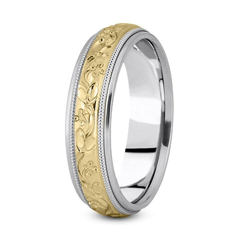 14K Two Tone Gold (Yellow Center) 7mm fancy design comfort fit wedding band with leaf flower and milgrain design - DELLAFORA