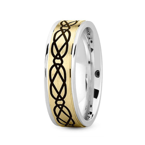 14K Two Tone Gold (Yellow Center) 7mm fancy design comfort fit wedding band with linked pattern design - DELLAFORA