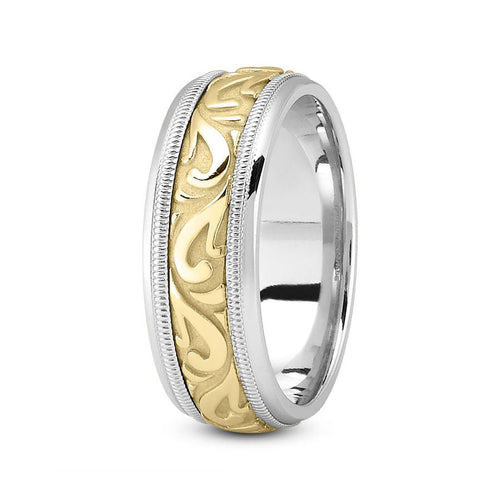 14K Two Tone Gold (Yellow Center) 7mm fancy design comfort fit wedding band with paisley and milgrain design - DELLAFORA