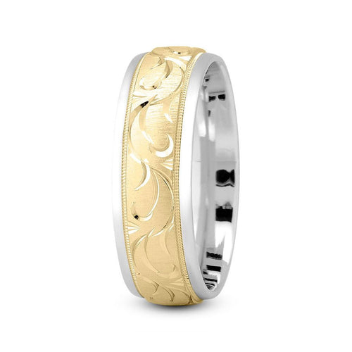 14K Two Tone Gold (Yellow Center) 7mm fancy design comfort fit wedding band with paisley cut and milgrain design - DELLAFORA