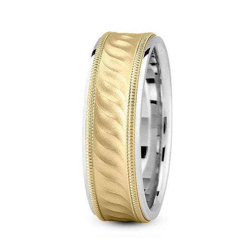 14K Two Tone Gold (Yellow Center) 7mm fancy design comfort fit wedding band with wave and milgrain design - DELLAFORA