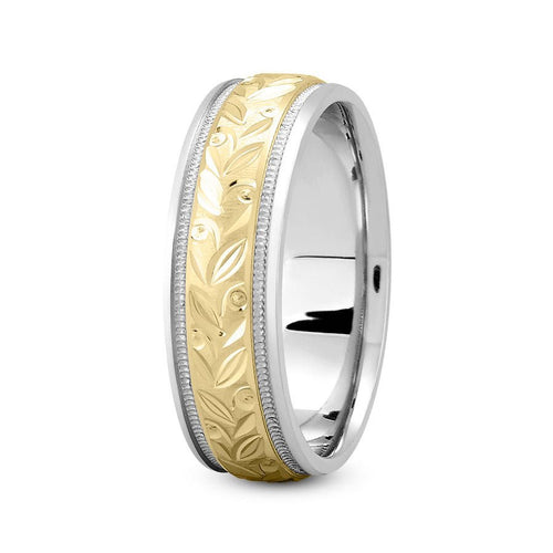 14K Two Tone Gold (Yellow Center) 7mm fancy design comfort fit wedding band with wide leaf and milgrain design - DELLAFORA