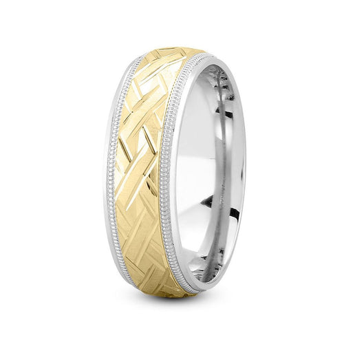 14K Two Tone Gold (Yellow Center) 7mm fancy design comfort fit wedding band with zig zag and milgrain design - DELLAFORA