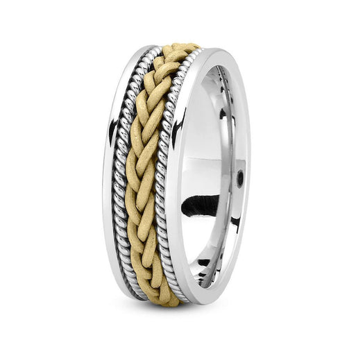 14K Two Tone Gold (Yellow Center) 7mm hand made comfort fit wedding band with braided and rope design - DELLAFORA