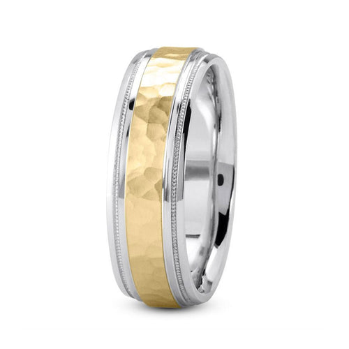 14K Two Tone Gold (Yellow Center) 7mm hand made comfort fit wedding band with hammered center and milgrain edges - DELLAFORA