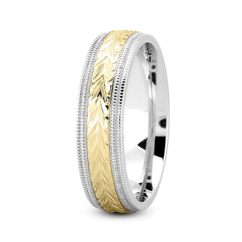 14K Two Tone Gold (Yellow Center) 7mm hand made comfort fit wedding band with harringbone and milgrain design - DELLAFORA
