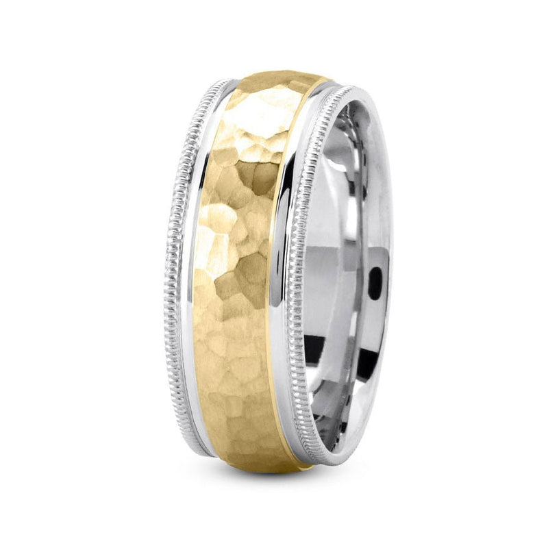 14K Two Tone Gold (Yellow Center) 7mm hand made comfort fit wedding band with wide hammered and milgrain design - DELLAFORA
