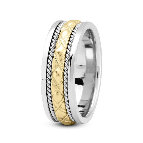 14K Two Tone Gold (Yellow Center) 8mm fancy design comfort fit wedding band with cross cut and rope design - DELLAFORA