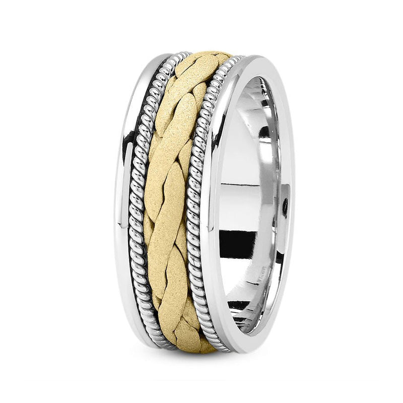 14K Two Tone Gold (Yellow Center) 8mm hand made comfort fit wedding band with wide braided and rope design - DELLAFORA