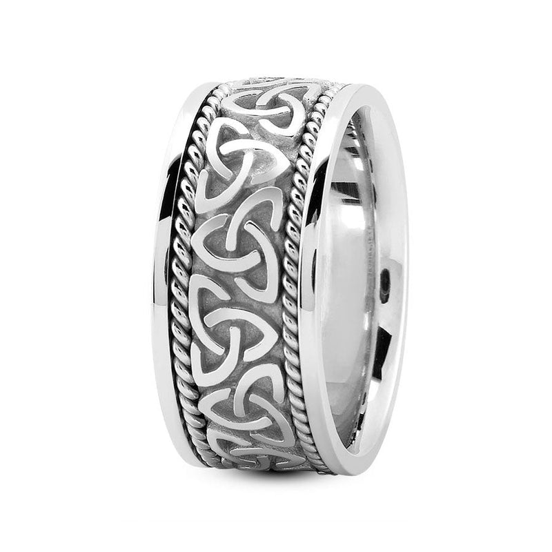 14K White gold 10mm fancy design comfort fit wedding band with celtic center and side rope design - DELLAFORA