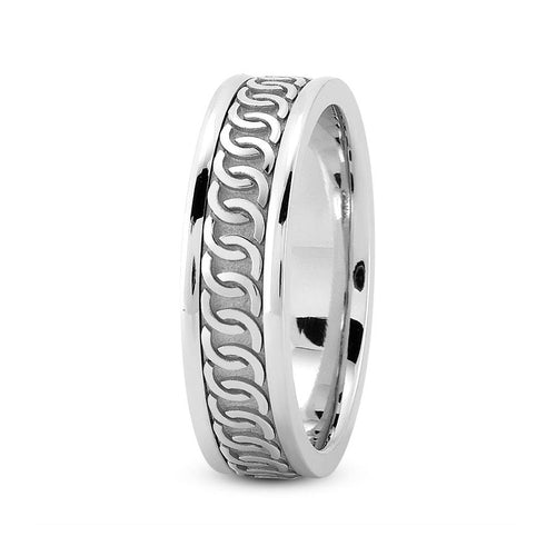 14K White gold 6mm fancy design comfort fit wedding band with chain design - DELLAFORA