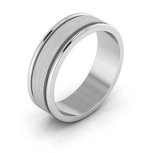 14K White Gold 6mm raised edge design brushed center wedding band - DELLAFORA