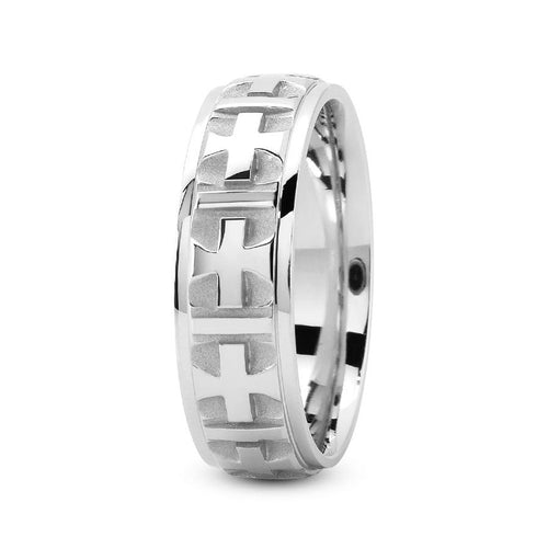 14K White gold 7mm fancy design comfort fit wedding band with cross center design - DELLAFORA