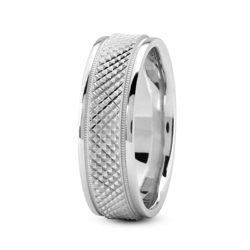 14K White gold 7mm fancy design comfort fit wedding band with fancy cut and milgrain design - DELLAFORA