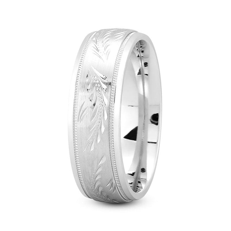 14K White gold 7mm fancy design comfort fit wedding band with fancy leaf design - DELLAFORA