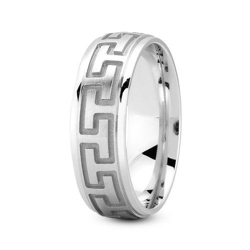 14K White gold 7mm fancy design comfort fit wedding band with greek design - DELLAFORA