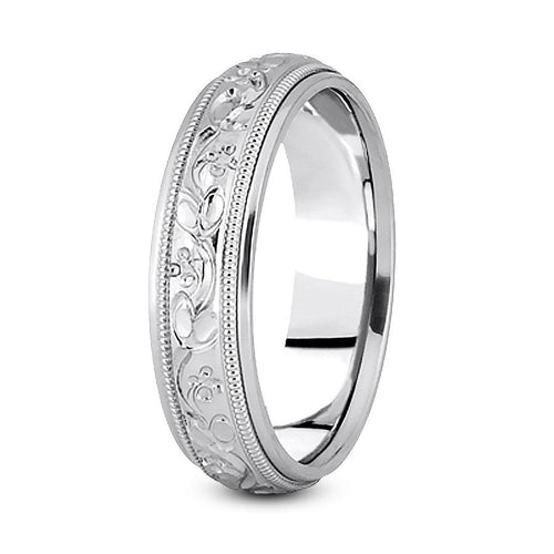 14K White gold 7mm fancy design comfort fit wedding band with leaf flower and milgrain design - DELLAFORA