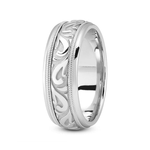 14K White gold 7mm fancy design comfort fit wedding band with paisley and milgrain design - DELLAFORA