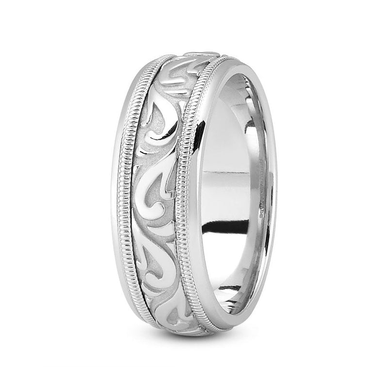 14K White gold 7mm fancy design comfort fit wedding band with paisley and milgrain design - DELLAFORA