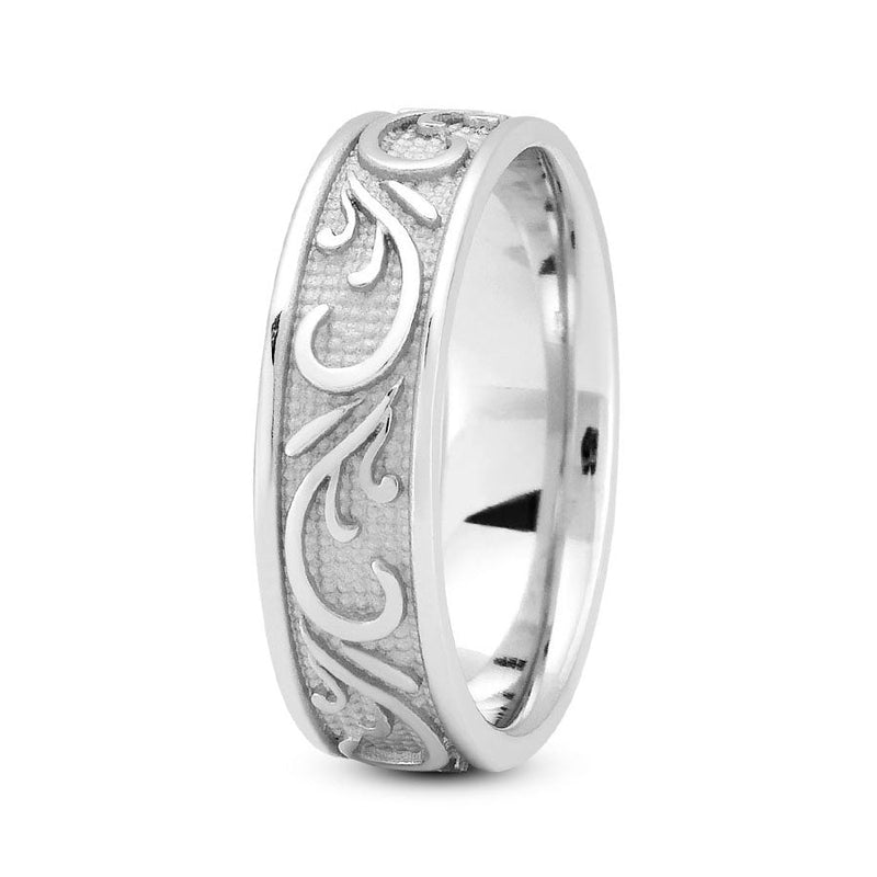 14K White gold 7mm fancy design comfort fit wedding band with paisley design - DELLAFORA