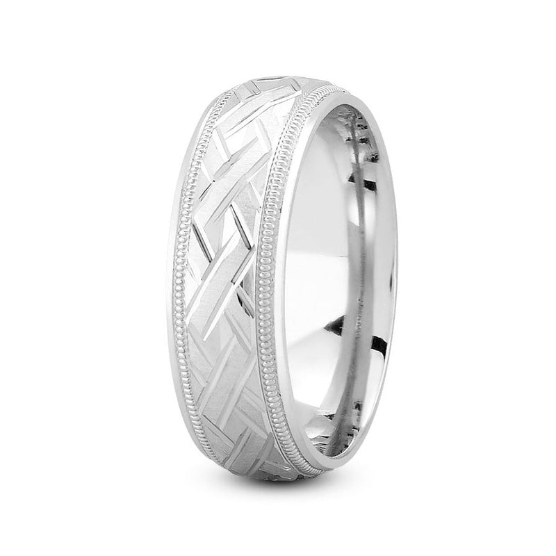 14K White gold 7mm fancy design comfort fit wedding band with zig zag and milgrain design - DELLAFORA