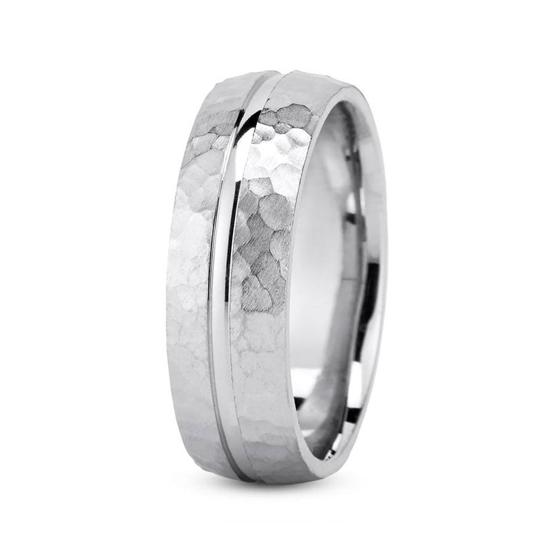 14K White gold 7mm hand made comfort fit wedding band with center grooved and hammered design - DELLAFORA