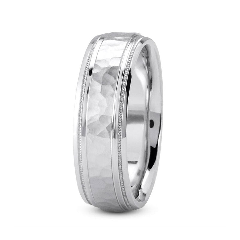 14K White gold 7mm hand made comfort fit wedding band with hammered center and milgrain edges - DELLAFORA