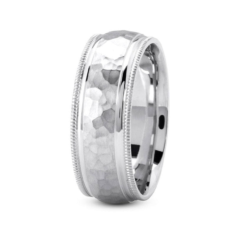 14K White gold 7mm hand made comfort fit wedding band with wide hammered and milgrain design - DELLAFORA