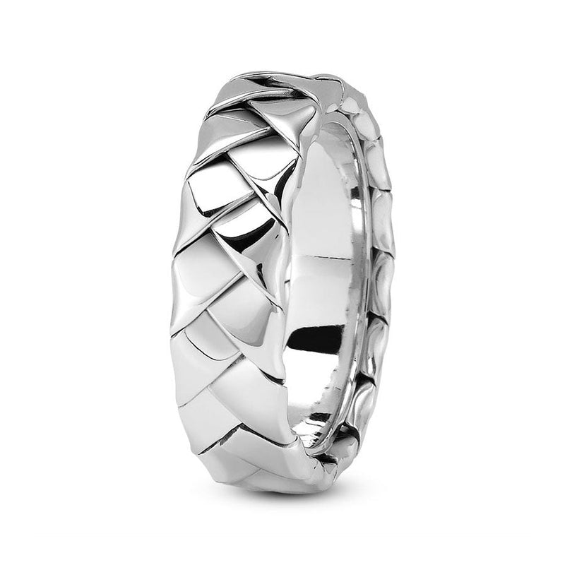 14K White gold 7mm hand made comfort fit wedding band with wide woven design - DELLAFORA