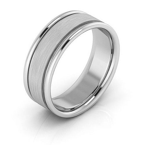 14K White Gold 7mm raised edge design brushed center comfort fit wedding band - DELLAFORA