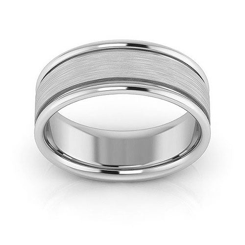 14K White Gold 7mm raised edge design brushed center comfort fit wedding band - DELLAFORA