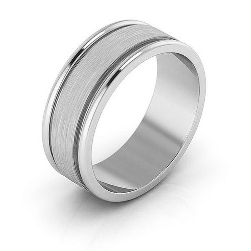 14K White Gold 7mm raised edge design brushed center wedding band - DELLAFORA