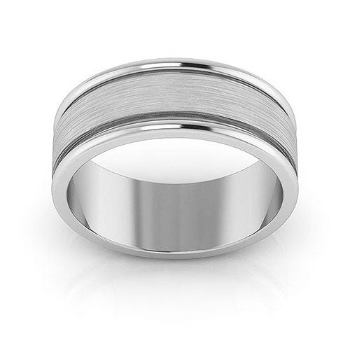14K White Gold 7mm raised edge design brushed center wedding band - DELLAFORA