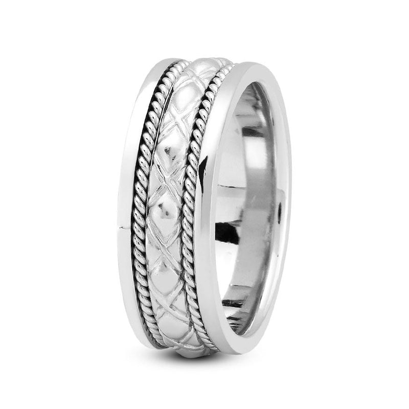 14K White gold 8mm fancy design comfort fit wedding band with cross cut and rope design - DELLAFORA