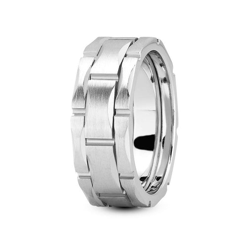 14K White gold 8mm fancy design comfort fit wedding band with link design - DELLAFORA